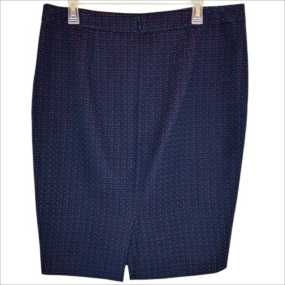 Ann Taylor Pencil Skirt 14 Large Navy Blue Red Dot Straight Cotton Blend Career - Picture 2 of 7